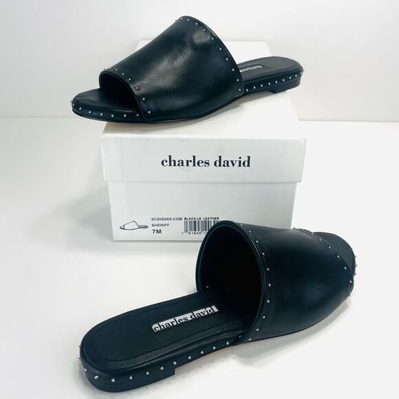 Charles David Sheriff Flat Slide Sandal Size 7 Black Luxury Leather Padded Comfy - Picture 4 of 16